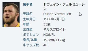ラグビー選手　ドウェイン・ふぇるミューレンのデータ　１９８６年７月３日生まれ